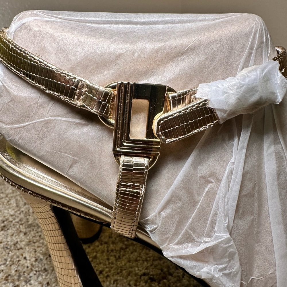 Karl Lagerfeld Cybil Evening Metallic Gold High Heel Sandals with Buckle Strap - Picture 8 of 11